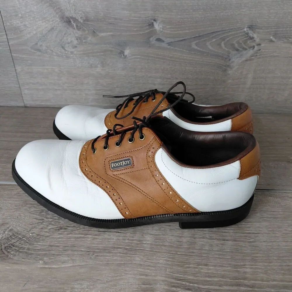 Footjoy Dryjoy Golf Shoes Men 9 White Brown Leather Saddle Waterproof Soft Spike